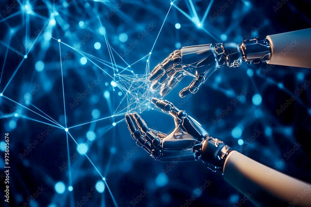A robot’s hands interacting with a digital network map on a blue ...