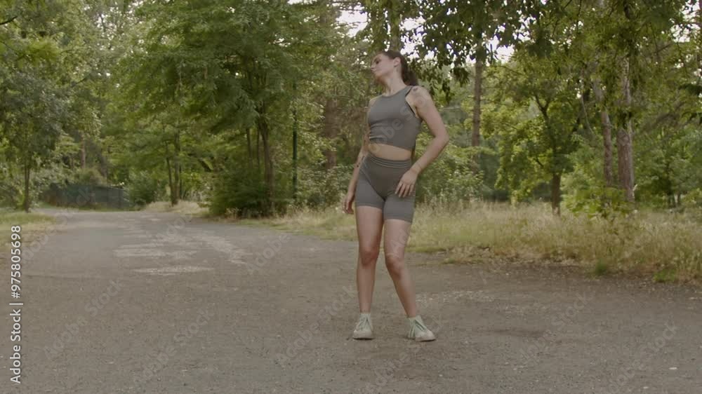 A young woman wearing fitness attire dances in a park. She performs a modern dance routine on a path through the trees. A young woman wearing fitness attire dances in a park. She performs a modern dance routine on a path through the trees.