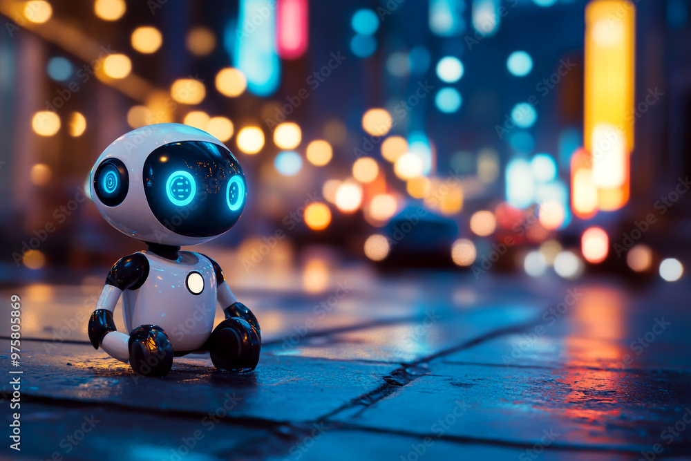 A robot sitting in a quiet, bokeh-filled city at night, portraying the intersection of technology, surveillance, and chatbot capabilities. Copy space. Banner for design