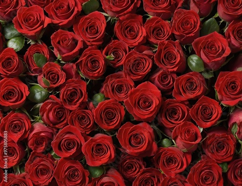 A luscious arrangement of vibrant red roses fills the canvas, symbolizing love and beauty in a floral display