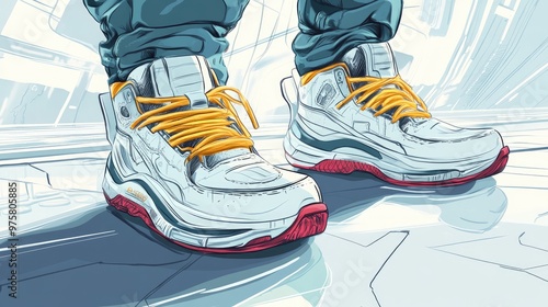 A pair of white sneakers with yellow laces and red accents, standing on a futuristic-looking surface. photo