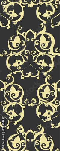 A decorative pattern featuring intricate swirling designs in gold on a dark background, suitable for wallpaper or fabric.