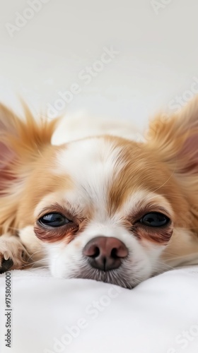 A small Chihuahua lies down, gazing curiously with an adorable expression in natural light