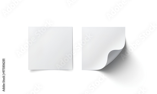 Blank white square adhesive stickers mock up with curved corner. Empty quadratic sticky label mockup with curl. Clear adherent tag template for glass door or wall. photo