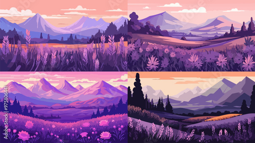 Four different landscapes of mountains and fields with purple flowers