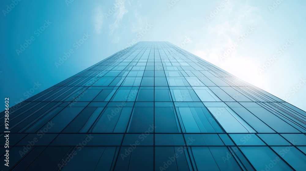 Glass Facade of Modern Skyscraper Against a Blue Sky Glass Facade of Modern Skyscraper Against a Blue Sky