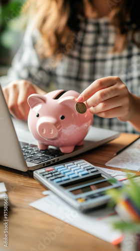 female hand which puts a coin in a piggy bank, money saving concept, created with generative AI technology