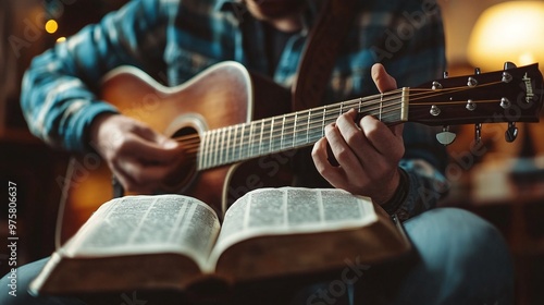a family's devotion captured in a moment of worship, reading the bible collectively and singing with an acoustic guitar in a serene and homey environmen