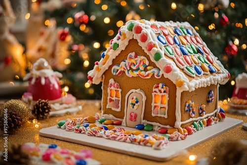 Gingerbread house on festive background with lights