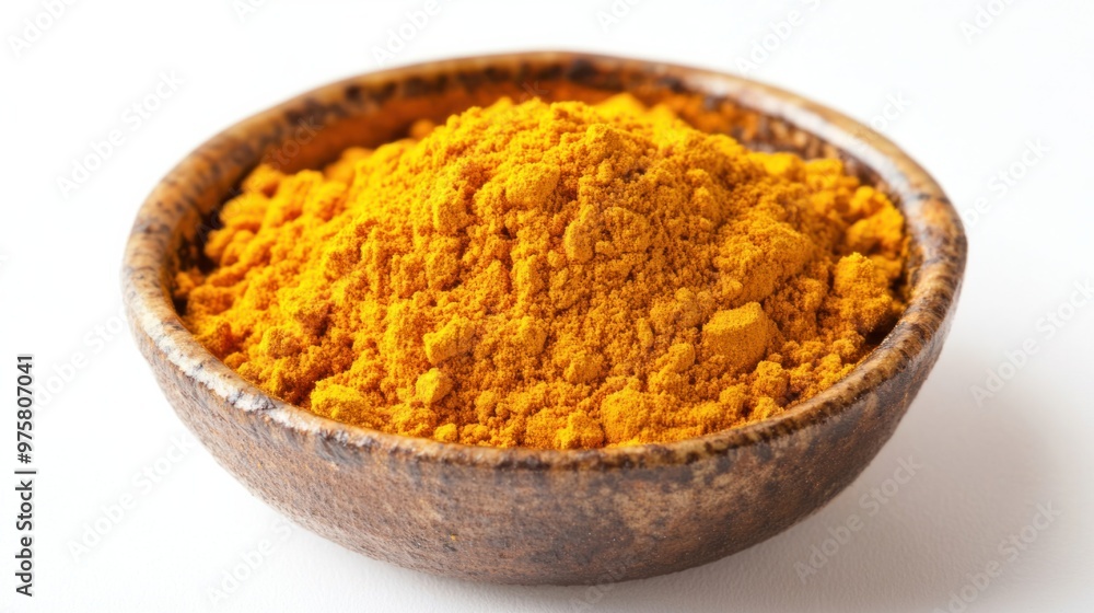 A close-up of turmeric powder in a small dish, isolated on a white background A close-up of turmeric powder in a small dish, isolated on a white background