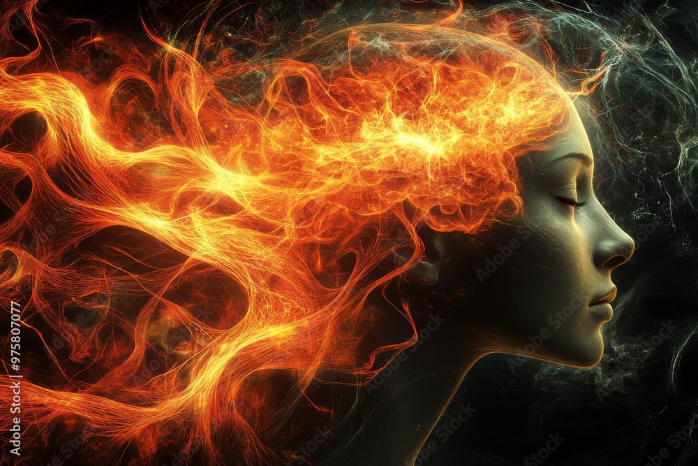 Fiery neural energy flows from a womans profile symbolizing intense thought processes creativity and the dynamic power of the human mind enhanced by glowing orange and red tones Fiery neural energy flows from a womans profile symbolizing intense thought processes creativity and the dynamic power of the human mind enhanced by glowing orange and red tones