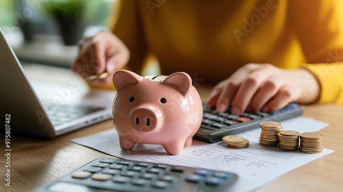 female hand which puts a coin in a piggy bank, money saving concept, created with generative AI technology