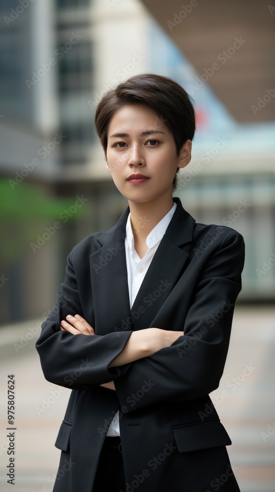 A poised Asian female in business attire stands with arms crossed in an urban environment A poised Asian female in business attire stands with arms crossed in an urban environment