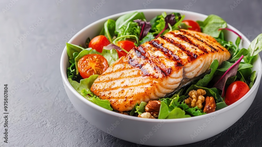 Infographic of a weight loss salad recipe, detailing ingredients like grilled fish, leafy greens, nuts, and a light dressing Infographic of a weight loss salad recipe, detailing ingredients like grilled fish, leafy greens, nuts, and a light dressing