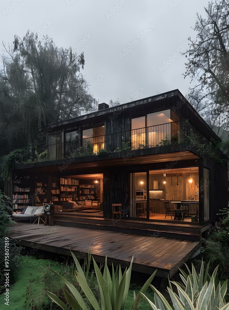 Modern Wooden Cabin Home with Large Deck and Windows Modern Wooden Cabin Home with Large Deck and Windows
