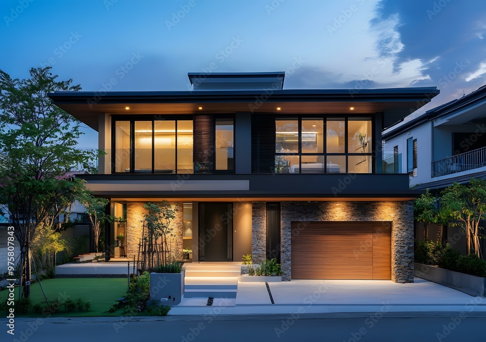 Fototapeta premium Modern Two Storey House with Stone Facade and Wooden Garage Door