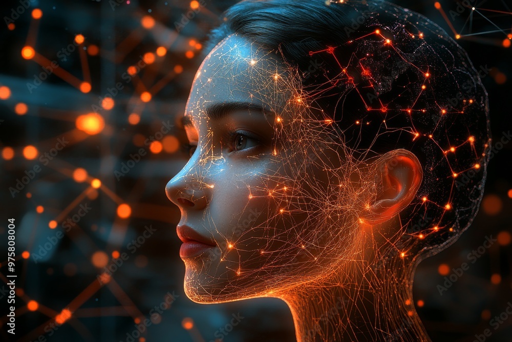 Neural connections and glowing orange waves light up a womans face symbolizing mental energy brain activity and the intersection of modern technology with human consciousness Neural connections and glowing orange waves light up a womans face symbolizing mental energy brain activity and the intersection of modern technology with human consciousness