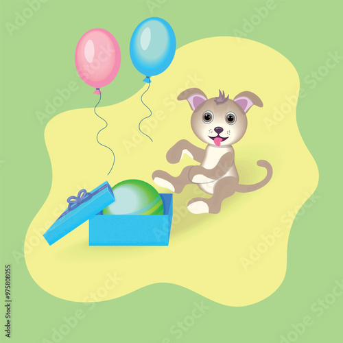 A doggy openning a gift box with a ball inside and two balloons flying up, small puppy, kids birthday card