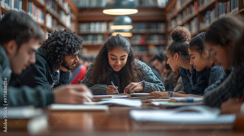multicultural university students in a dynamic group study session at a high school library, highlighting teamwork and educational diversity multicultural university students in a dynamic group study session at a high school library, highlighting teamwork and educational diversity