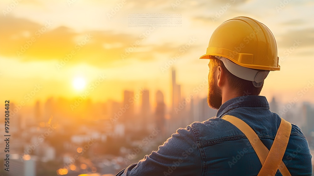 Silhouetted Construction Worker Admiring City Sunrise with Lens Flare Effect Silhouetted Construction Worker Admiring City Sunrise with Lens Flare Effect