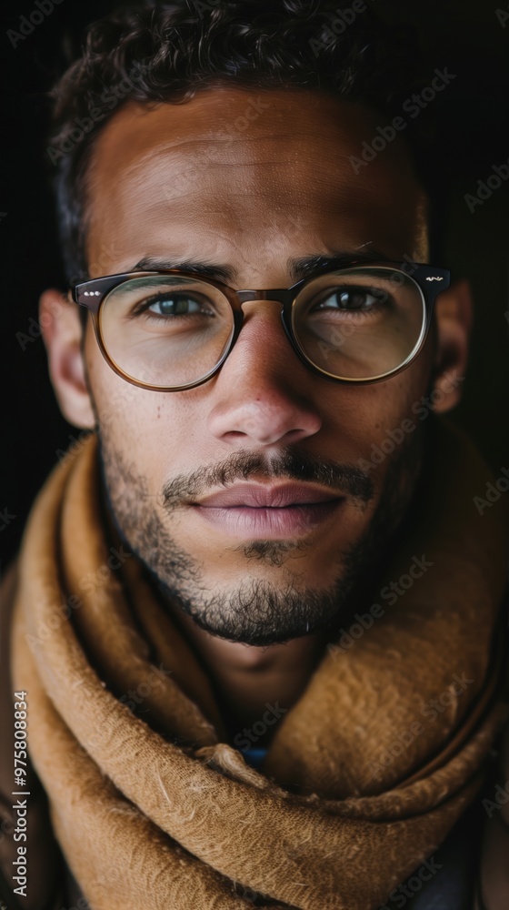 A man wearing glasses and a warm scarf looks thoughtfully at the camera A man wearing glasses and a warm scarf looks thoughtfully at the camera