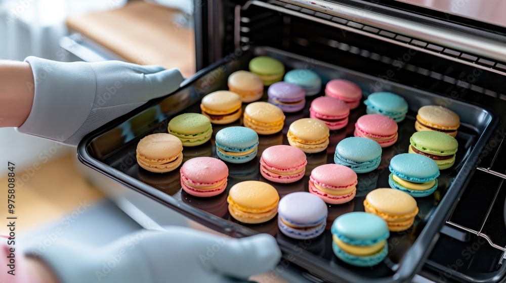 Close-up of gloved hands holding a tray of freshly baked colorful macarons coming out of the oven in a kitchen. Close-up of gloved hands holding a tray of freshly baked colorful macarons coming out of the oven in a kitchen.