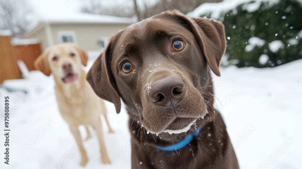 Two dogs are standing in the snow looking at something, AI Two dogs are standing in the snow looking at something, AI