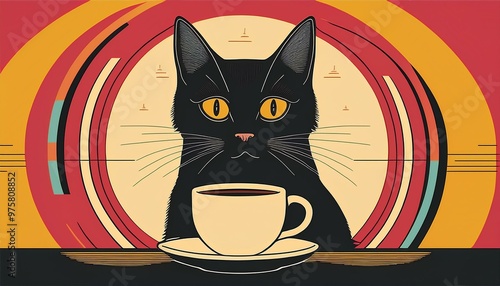 黒猫とコーヒーカップのレトロなビンテージ風イラスト（Retro vintage style illustration of black cat and coffee cup）
