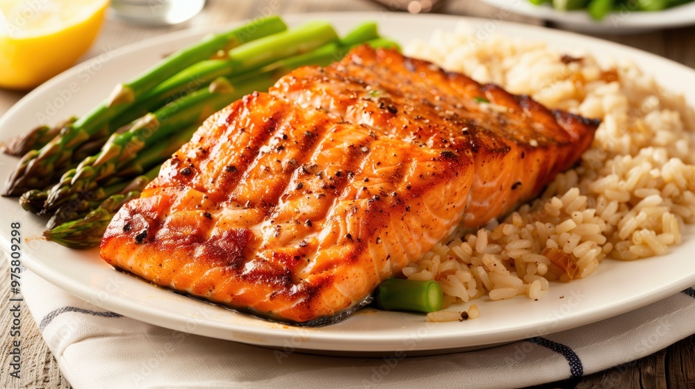Grilled salmon fillet served with asparagus and rice on a white plate, showcasing a healthy and delicious meal. Grilled salmon fillet served with asparagus and rice on a white plate, showcasing a healthy and delicious meal.