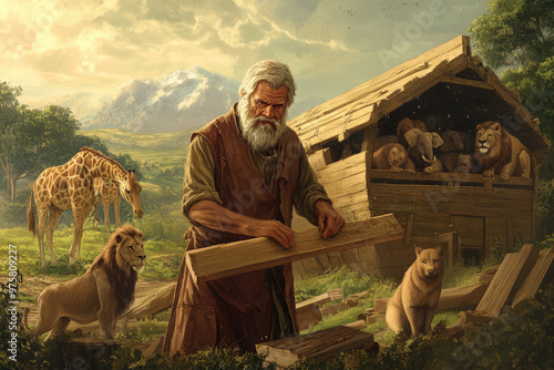 Noah diligently building the ark with animals patiently waiting nearby