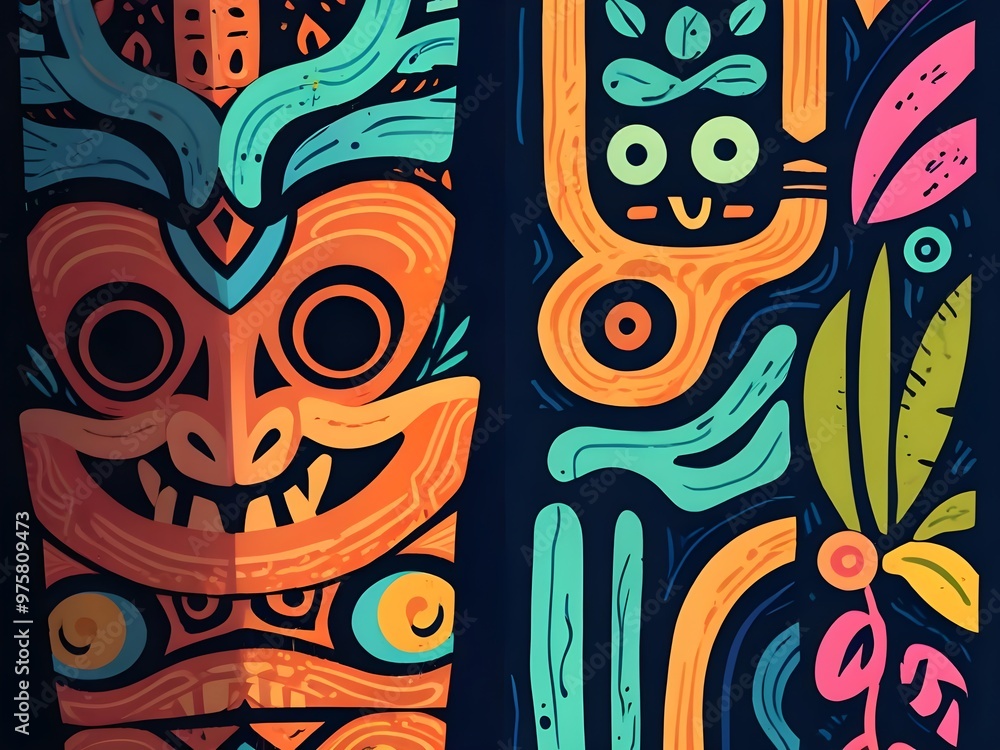 Tribal Totem with Colorful Designs Tribal Totem with Colorful Designs