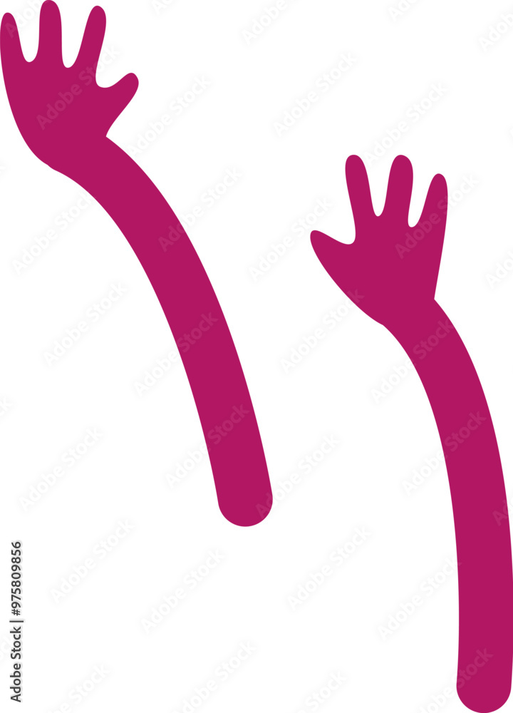 Two long cartoon arms with open hands reaching up and waving on a white background Two long cartoon arms with open hands reaching up and waving on a white background
