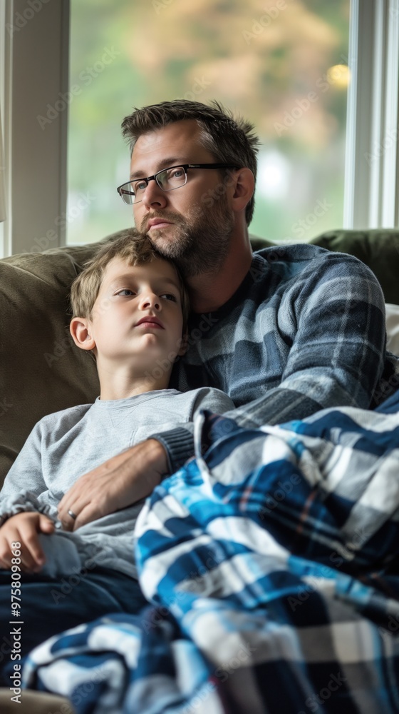 A father and son share a quiet moment together, relaxing on a couch in their home A father and son share a quiet moment together, relaxing on a couch in their home