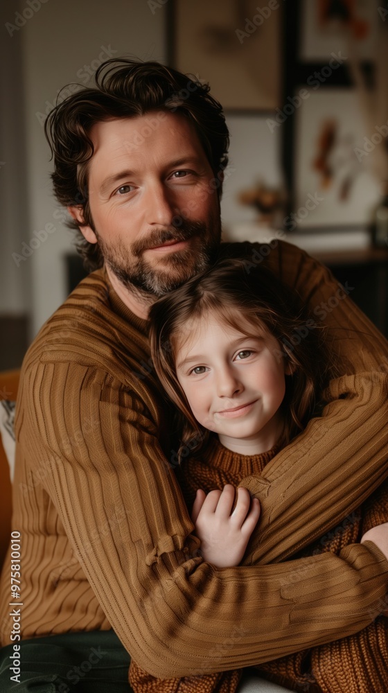 A father holds his daughter lovingly in their living room, capturing a tender moment A father holds his daughter lovingly in their living room, capturing a tender moment