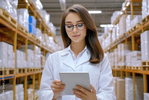 Female inventory manager analyzing stock levels on a tablet in a bustling distribution center, surrounded by shelves and workers.