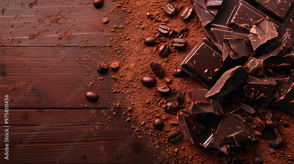 Rich dark chocolate splattered on a warm wooden surface creates a decadent and inviting scene complemented by cocoa powder and coffee beans Rich dark chocolate splattered on a warm wooden surface creates a decadent and inviting scene complemented by cocoa powder and coffee beans