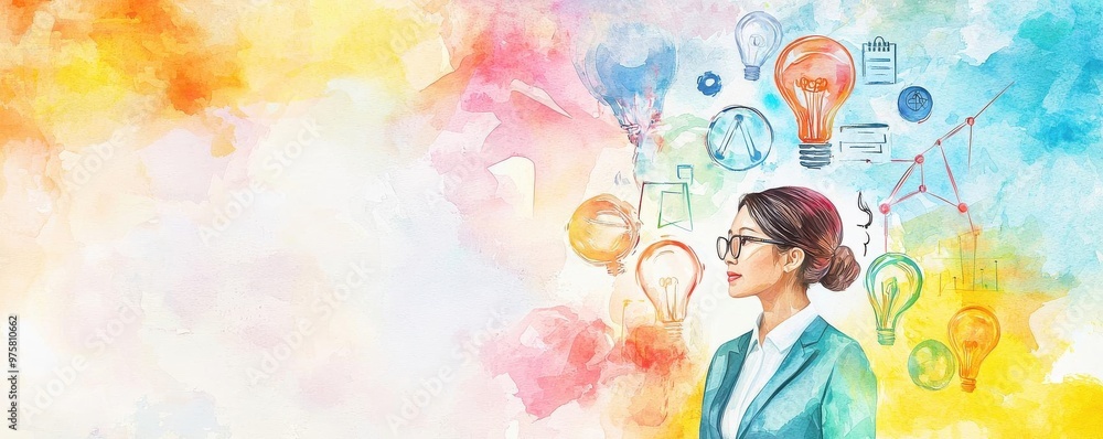 Illustrate an Asian entrepreneur with a forward-looking vision amidst symbols of creativity and progression in vibrant watercolor hues Illustrate an Asian entrepreneur with a forward-looking vision amidst symbols of creativity and progression in vibrant watercolor hues