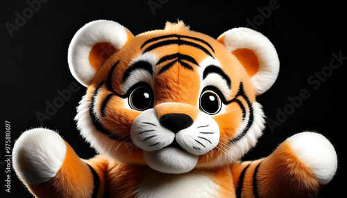Cute stuffed animal tiger plushy toy for kids isolated against black background
