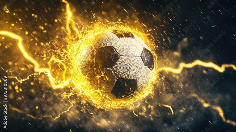 Fototapeta premium Dynamic image of a football amid yellow lightning bolts, representing power and energy in the game.