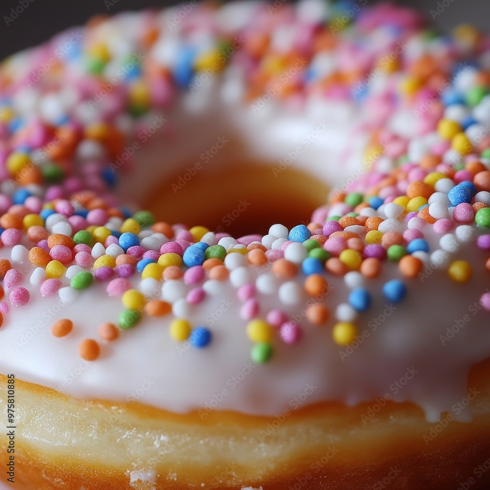 Close-up of a donut topped with colorful sprinkles. Close-up of a donut topped with colorful sprinkles.