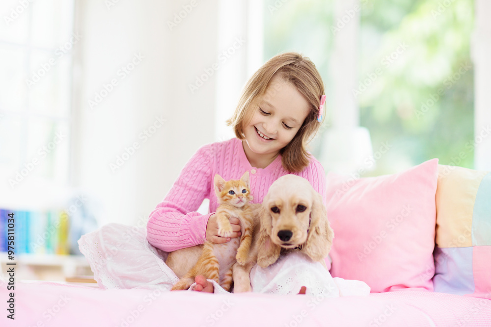 Child, dog and cat. Kids play with puppy, kitten. Child, dog and cat. Kids play with puppy, kitten.