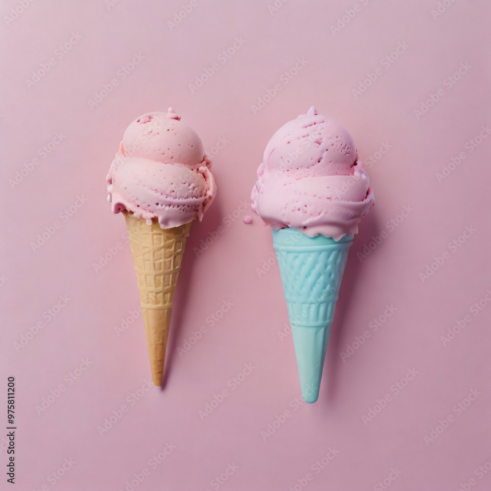 Ice cream scoops against pastel pink background. Ice cream scoops against pastel pink background.