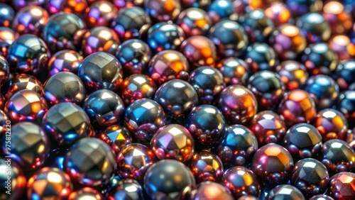 Close-up of colorful metallic marbles arranged closely together on a surface, showcasing their shiny surfaces and unique reflections