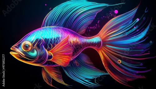 colorful black background with neon fish illustration art design