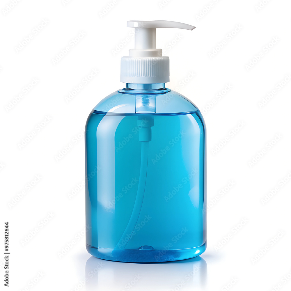 Blue liquid hand-wash soap in plastic bottle on white background Blue liquid hand-wash soap in plastic bottle on white background