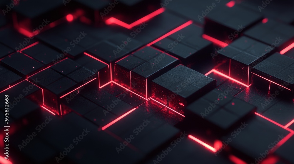 Abstract Red Neon Lights on Black Cubes. Abstract Red Neon Lights on Black Cubes.