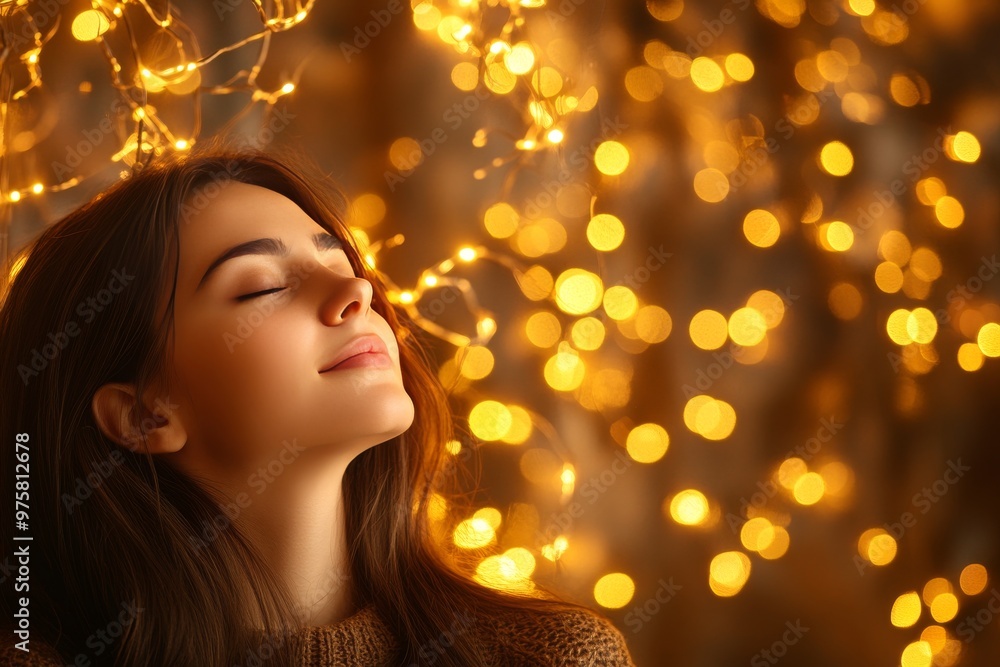 A woman smiles serenely in the glow of warm lights symbolizing joy tranquility and the peaceful energy of emotional balance in a calm and welcoming atmosphere A woman smiles serenely in the glow of warm lights symbolizing joy tranquility and the peaceful energy of emotional balance in a calm and welcoming atmosphere