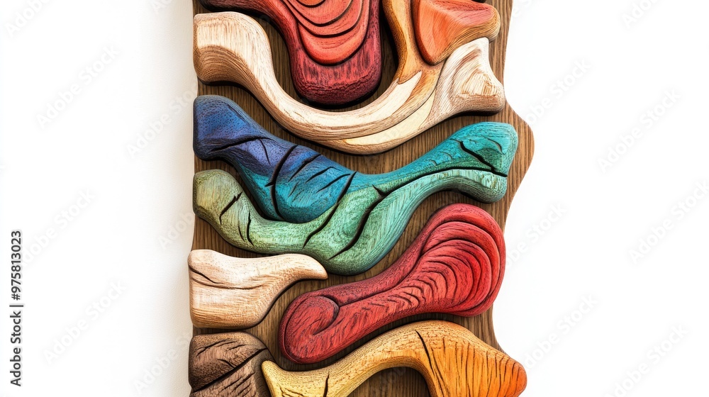 Colorful abstract wooden piece with swirling shapes and organic textures, set against a white background for a vibrant display Colorful abstract wooden piece with swirling shapes and organic textures, set against a white background for a vibrant display