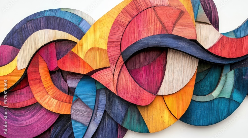 Fototapeta premium Colorful wooden abstract art piece with geometric patterns and flowing lines, set against a bright white background