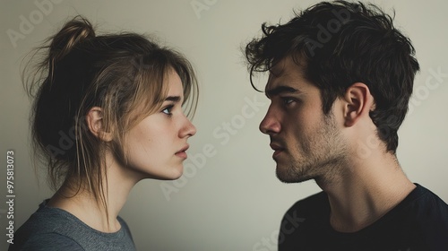 Side profile of a young couple staring at each other intensely